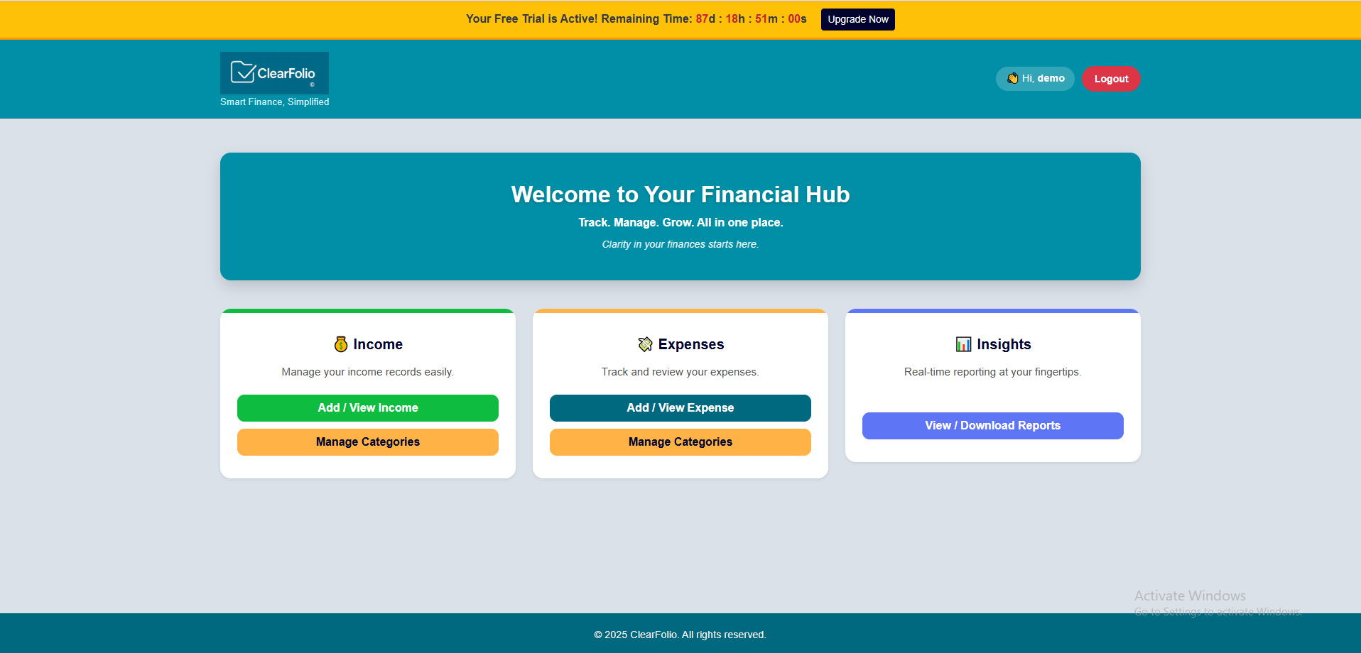 ClearFolio Dashboard Preview in a browser frame.